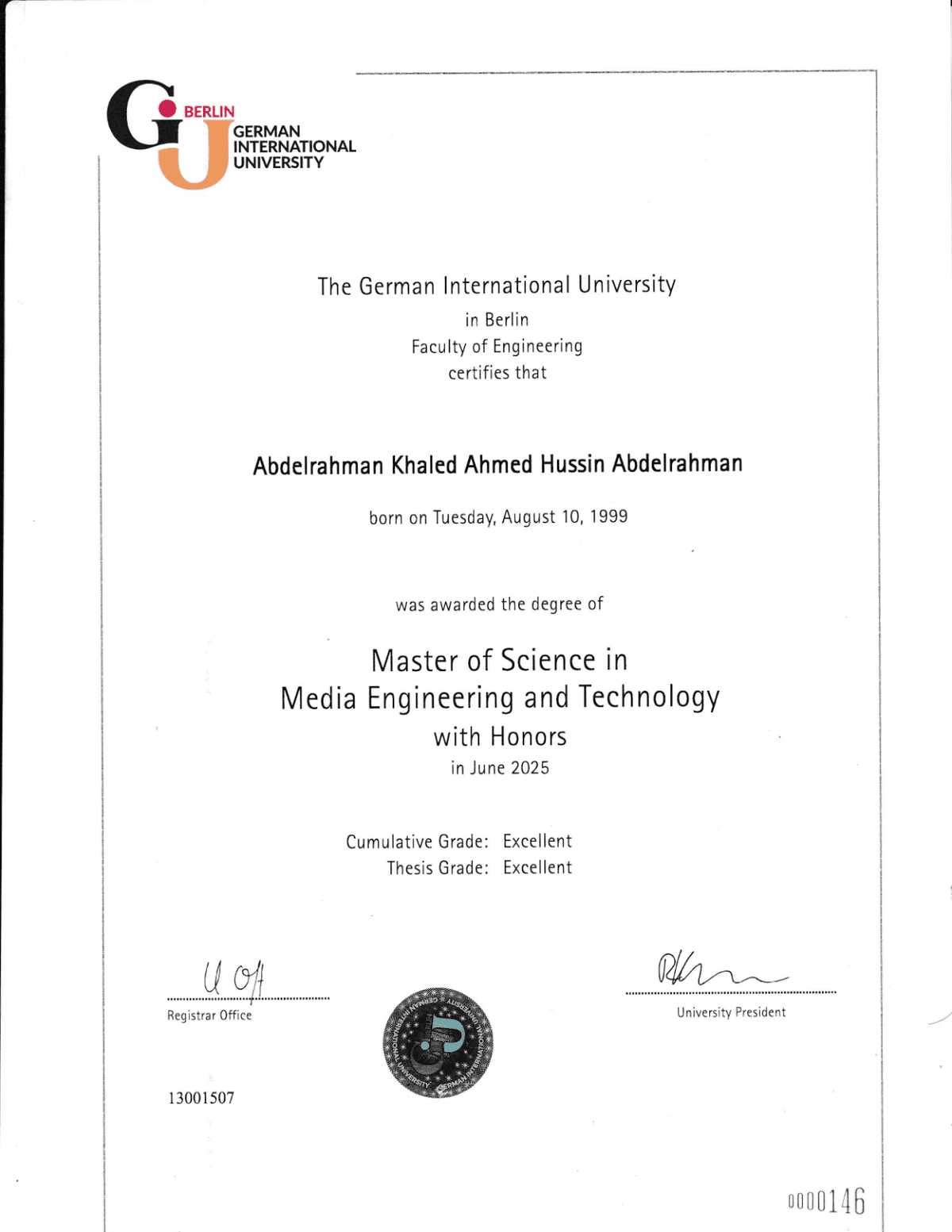MSc, Media Engineering and Technology — with Honors — certificate